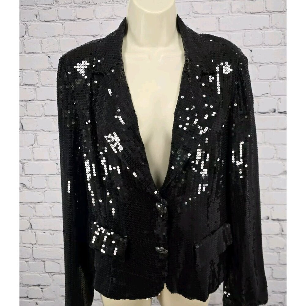 VTG WD.NY 100% Silk Sequin Double Snap Faux Button Lined Blazer Black Size 10